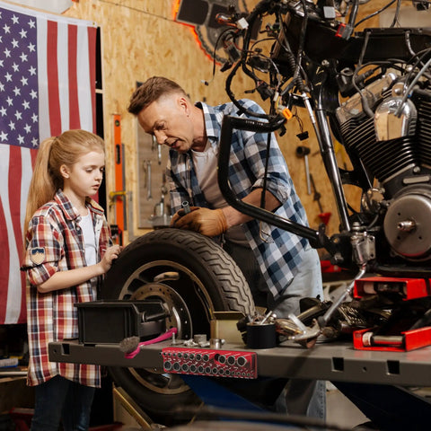 Father and daughter working in garage with Magnetic Socket Organizer For 3 8 Inch Drive Metric Sockets Holds Up To 30 Sockets