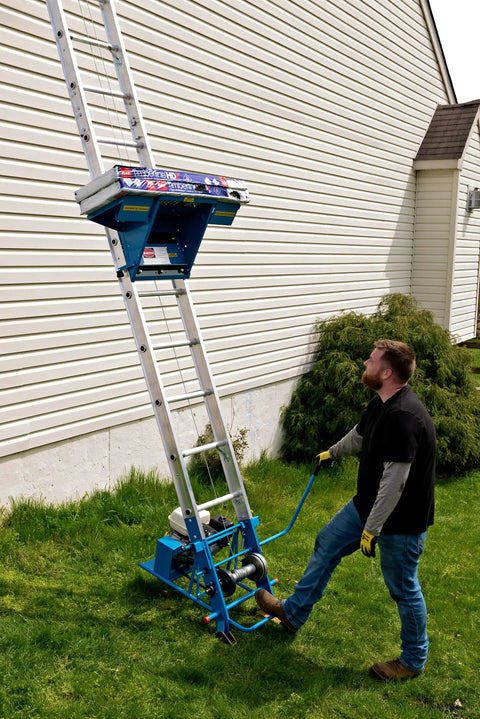 Pro Grade Gas Material Hoist 300 Lb Capacity Roof Lift Rock Solid Steel Frame Quick No Fuss Setup Extendable Track System Heavy Duty Lifting Rig For Shingles And Building Supplies