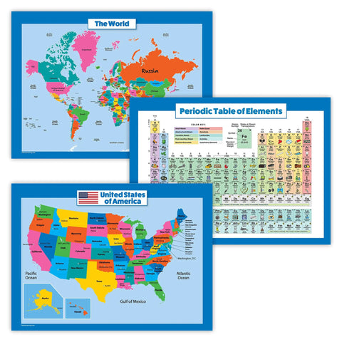 Three Poster Pack Laminated 18 by 24 Inch USA Map for Kids, Kid Friendly World Map, and Periodic Table of Elements Poster Set