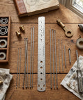 Top Shelf Stainless Steel Bike Spoke Length Gauge And Nipple Size Ruler For Cotter Pins And Bearings Dead On 360Mm double sided on wooden table with tools