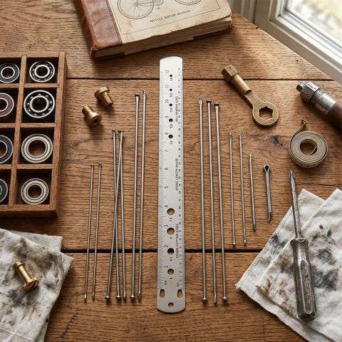 Top Shelf Stainless Steel Bike Spoke Length Gauge And Nipple Size Ruler For Cotter Pins And Bearings Dead On 360Mm double sided on wooden table with tools