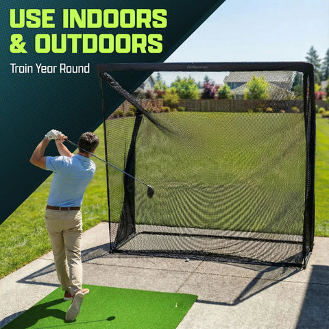 Man practicing golf with Elite Golf Net With LoftGuard Canopy And Steel Frame 8 By 8 Foot Practice Hitting Net For Indoor And Outdoor Use Built For High Launch Shots Wedge Gapping And Consistency