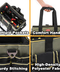 15 Inch Tote Tool Bag Organizer For Electricians And HVAC Pros With 33 Pockets Waterproof Molded Base Pro Grade Electrician Tool Tote Perfect For Field Technicians And Maintenance Pros showing pockets, handle, stitching, and fabric details