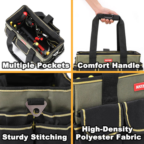 15 Inch Tote Tool Bag Organizer For Electricians And HVAC Pros With 33 Pockets Waterproof Molded Base Pro Grade Electrician Tool Tote Perfect For Field Technicians And Maintenance Pros showing pockets, handle, stitching, and fabric details