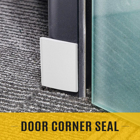 Beat The Chill Snuggly With These Self Stick Door Corner Seal Pads Weatherstripping Tape Kills Drafts Noise And Dust Easy DIY Home Insulation Fix Black White 16 Pack close-up of white seal pad on door corner.