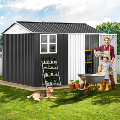 10 Ft By 8 Ft Metal Outdoor Storage Shed With Windows And Lockable Doors Sloped Roof Waterproof Rain Or Shine Ready No Fuss Setup