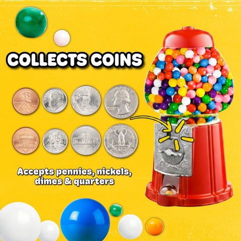 Killer Vintage Style Red Cast Metal 11 Inch Self Serve Gumball Candy Dispenser with colorful gumballs, accepts coins for use.