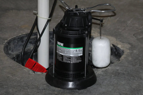 Built Tough Indoor Submersible Sump Pump SPF33 with epoxy coated steel and thermoplastic, in a concrete basement setting
