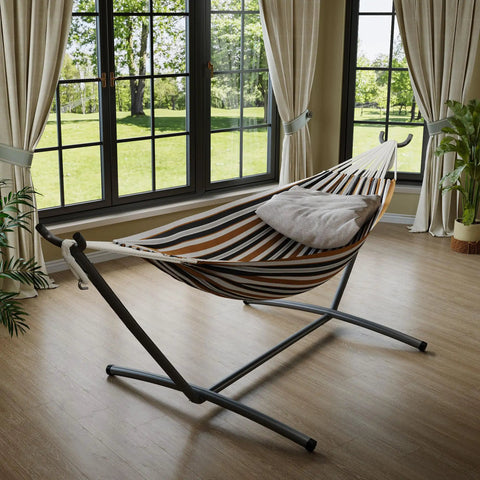 Double Hammock With Foldable Steel Stand And Carry Bag For Indoor Outdoor Use 450 Lbs Capacity Garden Camping Beach Coffee Color Easy Setup Portable Backyard Kick Back in a sunlit room.