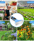 Heavy Duty Fan Spray Nozzle For Garden Hose With Flow Control And Ergonomic Insulated Grip Rustproof Metal Watering Wand Sprayer Head For Fast Full-Flow Irrigation Blue display with garden scenes, flowers, and orange orchard.