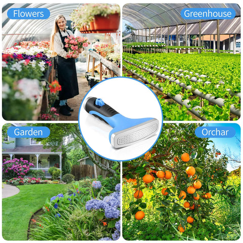 Heavy Duty Fan Spray Nozzle For Garden Hose With Flow Control And Ergonomic Insulated Grip Rustproof Metal Watering Wand Sprayer Head For Fast Full-Flow Irrigation Blue display with garden scenes, flowers, and orange orchard.