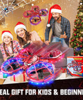 Family playing with Mini Drone For Beginners With Easy Flight And LED Neon Lights RC Quadcopter at Christmas with gifts.