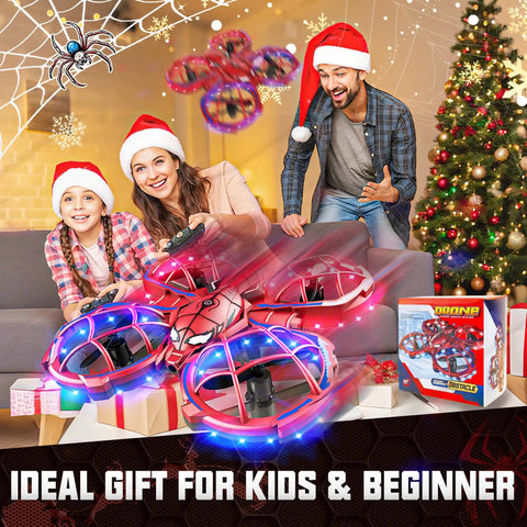 Family playing with Mini Drone For Beginners With Easy Flight And LED Neon Lights RC Quadcopter at Christmas with gifts.