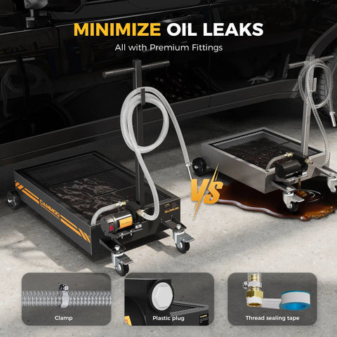 Garage Ready Heavy Duty Electric Oil Drain Pan With Built In Pump, Badass 15 Gallon Steel Fluid Recovery Tank For Pro Shops And Weekend Mechanics, Matte Black with premium fittings in use.