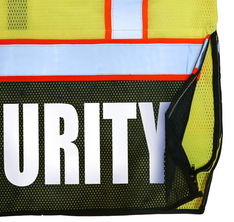 Kickass Heavy Duty High Visibility Safety Vest With Zipper Closure And Reflective Vinyl Stripes For Construction Crews S M Yellow mesh fabric with black bottom and zipper pocket.