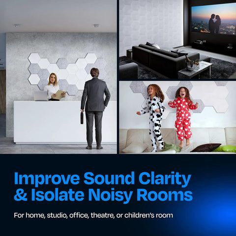 Make Your Space Pop With These High Density White Hexagon Acoustic Panels to Dampen Noise and Kill Echoes Quick for Studios Podcast Rooms and Home Offices Sound Absorbing Wall Tiles Pack of 12 Insane Value installed in a modern reception area.