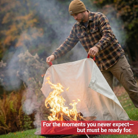 Man using Extra Large 60 By 70 Inch Fiberglass Fire Blanket For Grills BBQs Campfires And Tailgating With Patent Pending Safety Handles