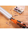 Cordless Rotary Tool 7.2 Volt Lightweight Drill Sand Polish Carve Engrave Sharpener 1.5Ah Lithium Ion Battery in use on metal.