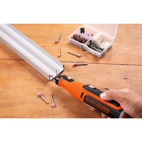 Cordless Rotary Tool 7.2 Volt Lightweight Drill Sand Polish Carve Engrave Sharpener 1.5Ah Lithium Ion Battery in use on metal.