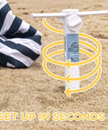 Universal Beach Umbrella Anchor Spike For Sand, Windproof Up To 50 MPH, white 10 inch, inserted in sand showing spiral design