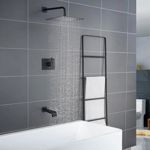 Bathroom with Dope Matte Black Shower Fixture Set With 12 Inch Shower Head Tub Spout And Single Handle Valve Included Easy Temperature Control