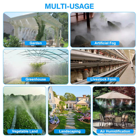 Image showing multiple uses for Top Notch Brass Mister Nozzle Extensions 10 Pack in various settings like garden, greenhouse, and landscaping.