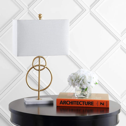 26 Inch Gold Leaf And White Marble Modern Circle LED Table Lamp With White Linen Shade For Living Room Glam Transitional Metal Desk Light LED Bulb Included on side table