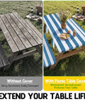 Two picnic tables, one uncovered and weathered, the other with the Road Trip Ready All Purpose Picnic Table Cover With Bench Covers Set Includes 1 Table Cover And 2 Bench Covers For 72 Inch Tables And 72 Inch Benches, The Ultimate Camping Gear For RV Trips, Picnics, And Outdoor Adventures, Storage Bag Included, showing protection and style.