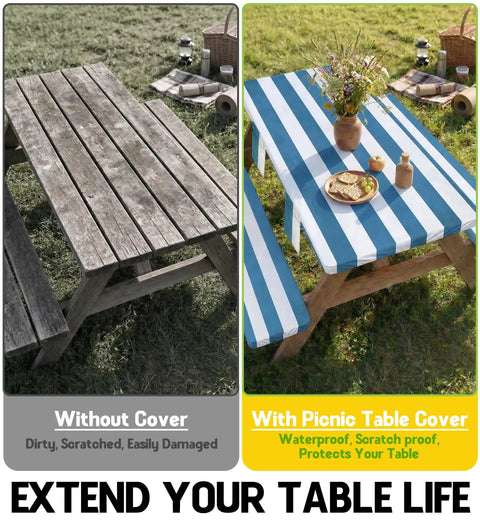 Two picnic tables, one uncovered and weathered, the other with the Road Trip Ready All Purpose Picnic Table Cover With Bench Covers Set Includes 1 Table Cover And 2 Bench Covers For 72 Inch Tables And 72 Inch Benches, The Ultimate Camping Gear For RV Trips, Picnics, And Outdoor Adventures, Storage Bag Included, showing protection and style.