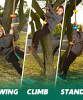 Girl using kid friendly tree swing with disc seat and climbing rope carabiner and 4 ft strap easy install backyard playground accessory outdoors