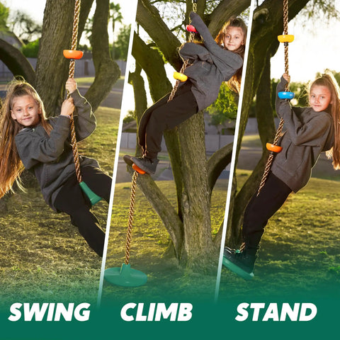 Girl using kid friendly tree swing with disc seat and climbing rope carabiner and 4 ft strap easy install backyard playground accessory outdoors
