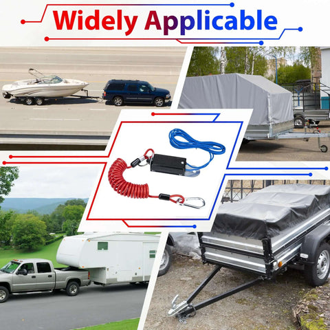 Breakaway Switch Kit With 6 Ft Coiled Trailer Brake Away Cable for RVs and Travel Trailers shown with various towing setups