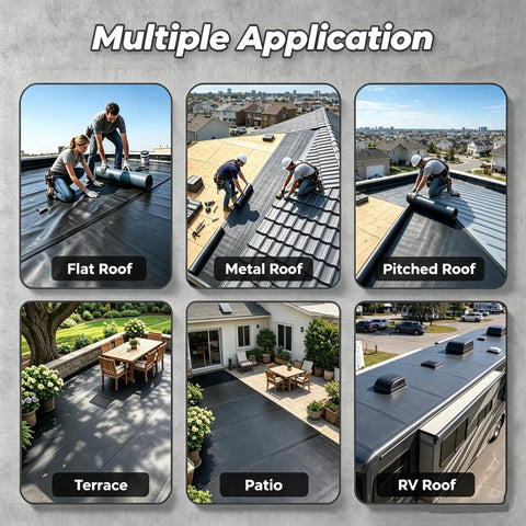 Fifty Mil Thick Self Adhesive EPDM Rubber Roofing Roll used on multiple surfaces like flat roof, metal roof, terrace, and RV roof.