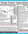Instructional diagram for USA Made Hinge Doctor tools HA1D, HA3D, HA4D, and HA2 for hinge repairs.
