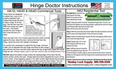 Instruction sheet for HA4D Institutional Hinge Repair Tool For Large Doors Quick 30 Second Fix Made In USA Fits Nine Tenths Inch Knuckle