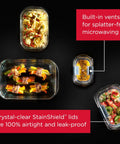 Brilliant Glass Food Storage Containers Set Of Nine With Airtight Leak Proof Lids showing diverse meal types and vented lids.