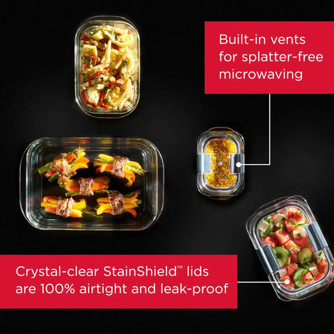 Brilliant Glass Food Storage Containers Set Of Nine With Airtight Leak Proof Lids showing diverse meal types and vented lids.