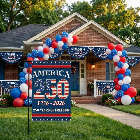 Front porch with Double Sided 12 By 18 Inch 250 Years American Garden Flag All American Pride Patriotic Yard Flag 1776 2026