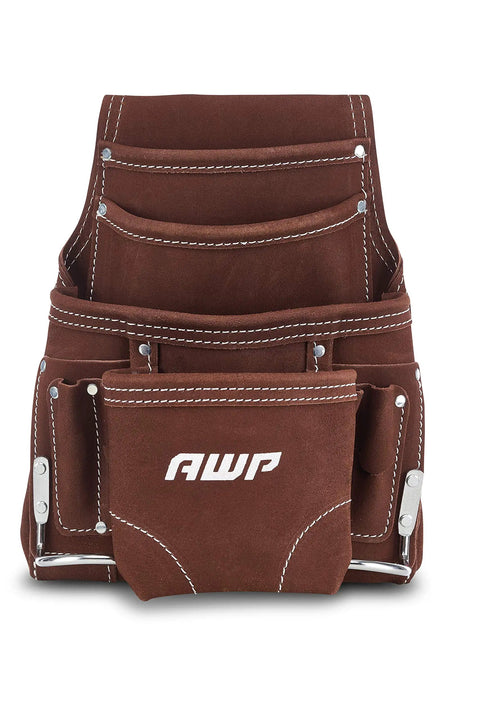 Pro Grade 10 Pocket Tool Pouch for Electricians and Contractors, brown leather, featuring multiple compartments and belt loops.