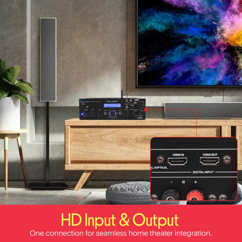 Wireless Bluetooth All In One Home Stereo Amplifier With 200 Watt Multi Channel Power And Turntable Ready Phono Preamp displayed in living room