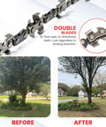 Close-up of double blades and before and after using 55 Inch High Limb Rope Saw With 360 Rope Chain For Manual Tree Limb Cutting.