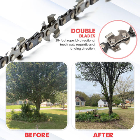 Close-up of double blades and before and after using 55 Inch High Limb Rope Saw With 360 Rope Chain For Manual Tree Limb Cutting.