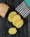 KLEENE 2-piece stainless steel crinkle cutter set with teal handle; wavy blades for potatoes and vegetables, four slices shown