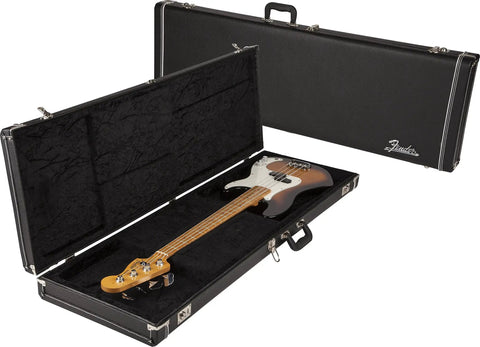 Pro Series Bass Case For Precision And Jazz Bass Models With Lightweight Durability Plush Interior Universal Fit For Right Or Left Handed Players Dual Accessory Pockets Gigs Ready Wide Neck Support Black open case with bass
