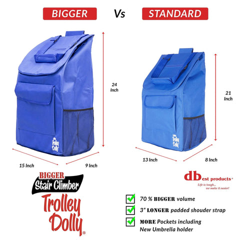 Comparison of bigger and standard Stair Climber Bigger Trolley Dolly Foldable Shopping Cart with measurements.