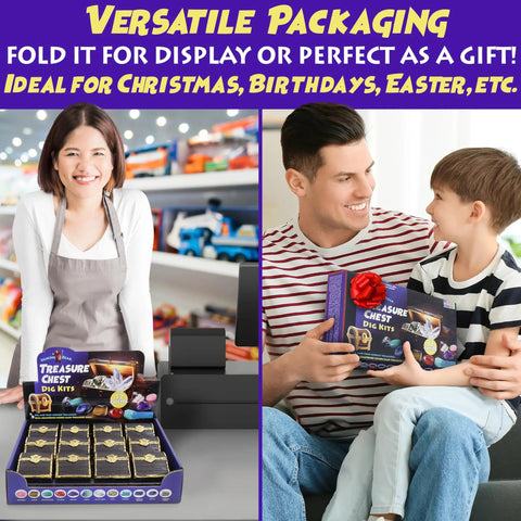 Treasure Chest Dig Kit Party Pack For 12 Kids With 12 Gems And Crystals displayed in versatile packaging on store counter.
