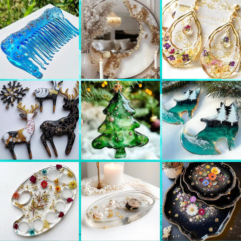 Assorted resin art creations including comb, coasters, jewelry, and decorations made with Fast Cure 1 Gallon Epoxy Resin Kit with Quick Dry Formula