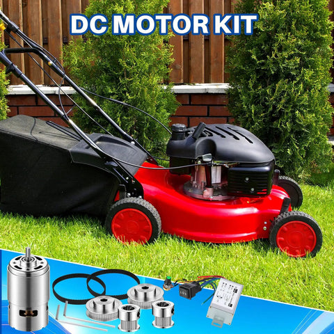 4 Pack 12V To 24V 775 DC Electric Motors With GT2 Synchronous Wheels Aluminum Timing Pulleys And Speed Controller Driver Control Module For Milling Machines And Electric Drills D Shaped Shaft, shown with lawn mower kit.