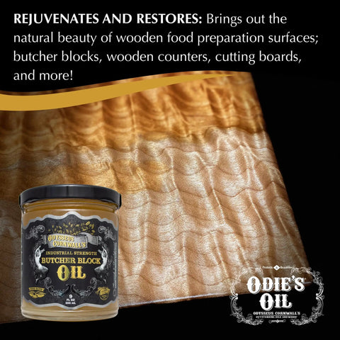 Industrial Strength Butcher Block Oil For Cutting Boards And Countertops container next to a polished wooden surface