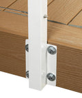 No Sweat Cable Railing Kit Spanning 46 Feet Ships Loaded With Predrilled Metal Posts Premium Stainless Steel Wire close up of metal post and mounting hardware.